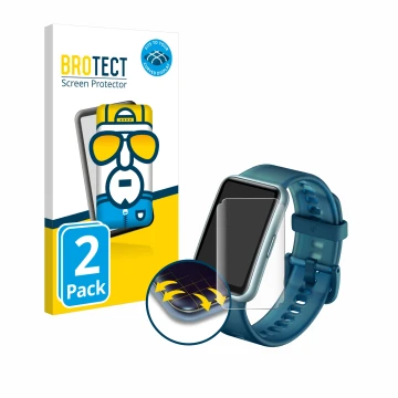 Vorderseite einer Produktverpackung mit dem Markenlogo BROTECT. Daneben ist das Gerät Huawei Watch Fit Special Edition mit dem