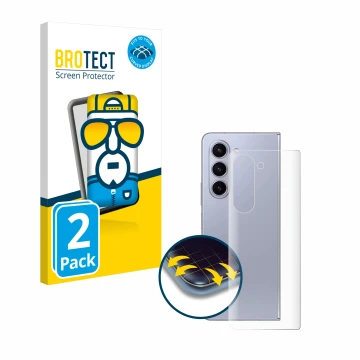 Vorderseite einer Produktverpackung mit dem Markenlogo BROTECT. Daneben ist das Gerät Samsung Galaxy Z Fold 5 (Rückseite) mit 