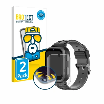 Vorderseite einer Produktverpackung mit dem Markenlogo BROTECT. Daneben ist das Gerät Beafon Kids Watch SW2 mit dem zugehörige