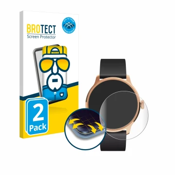 Vorderseite einer Produktverpackung mit dem Markenlogo BROTECT. Daneben ist das Gerät Withings ScanWatch Light mit dem zugehör