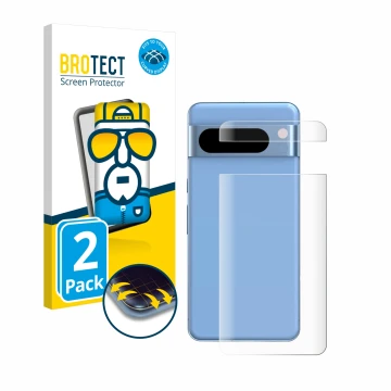 Vorderseite einer Produktverpackung mit dem Markenlogo BROTECT. Daneben ist das Gerät Google Pixel 8 Pro (Rückseite) mit dem z