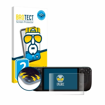 Vorderseite einer Produktverpackung mit dem Markenlogo BROTECT. Daneben ist das Gerät Valve Steam Deck OLED mit dem zugehörige