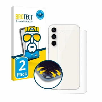 Vorderseite einer Produktverpackung mit dem Markenlogo BROTECT. Daneben ist das Gerät Samsung Galaxy S23 FE (Rückseite) mit de