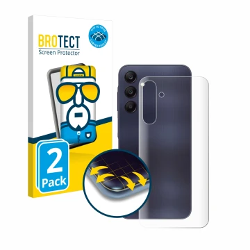 Vorderseite einer Produktverpackung mit dem Markenlogo BROTECT. Daneben ist das Gerät Samsung Galaxy A25 5G (Rückseite) mit de