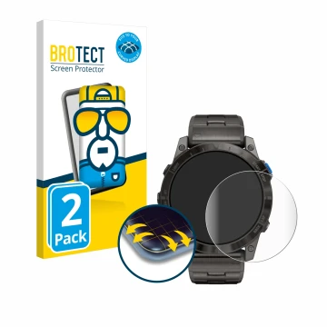 Vorderseite einer Produktverpackung mit dem Markenlogo BROTECT. Daneben ist das Gerät Garmin D2 Mach1 Pro mit dem zugehörigen 