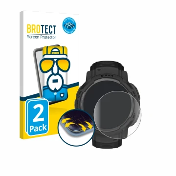 Vorderseite einer Produktverpackung mit dem Markenlogo BROTECT. Daneben ist das Gerät Garmin Instinct Crossover AMOLED mit dem