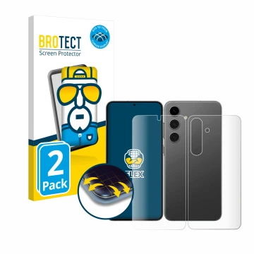 Vorderseite einer Produktverpackung mit dem Markenlogo BROTECT. Daneben ist das Gerät Samsung Galaxy S24 (Display+Rückseite) m