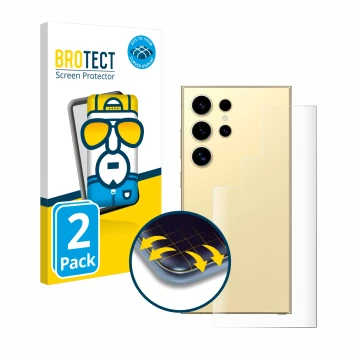 Vorderseite einer Produktverpackung mit dem Markenlogo BROTECT. Daneben ist das Gerät Samsung Galaxy S24 Ultra (Rückseite) mit