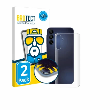 Vorderseite einer Produktverpackung mit dem Markenlogo BROTECT. Daneben ist das Gerät Samsung Galaxy A15 5G (Rückseite) mit de