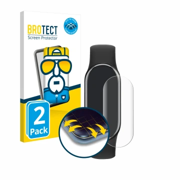 Vorderseite einer Produktverpackung mit dem Markenlogo BROTECT. Daneben ist das Gerät Xiaomi Smart Band 8 mit dem zugehörigen 