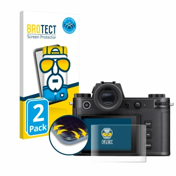 Vorderseite einer Produktverpackung mit dem Markenlogo BROTECT. Daneben ist das Gerät Leica SL3 mit dem zugehörigen Displaysch