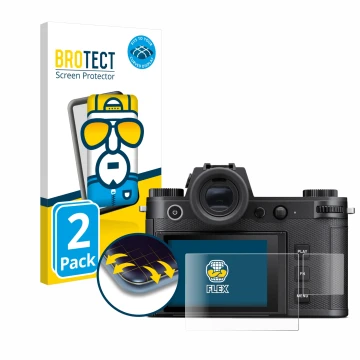 Vorderseite einer Produktverpackung mit dem Markenlogo BROTECT. Daneben ist das Gerät Leica SL3 (Display + Schulterdisplay) mi