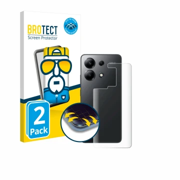 Vorderseite einer Produktverpackung mit dem Markenlogo BROTECT. Daneben ist das Gerät Xiaomi Redmi Note 13 4G (Rückseite) mit 