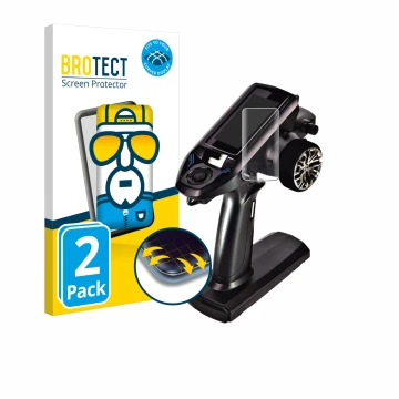 Vorderseite einer Produktverpackung mit dem Markenlogo BROTECT. Daneben ist das Gerät Futaba T4PM Plus mit dem zugehörigen Dis