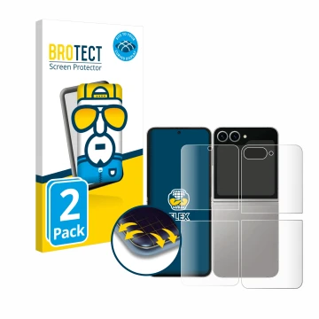 Vorderseite einer Produktverpackung mit dem Markenlogo BROTECT. Daneben ist das Gerät Samsung Galaxy Z Flip 6 (Display+Rücksei