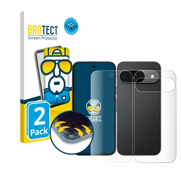 Vorderseite einer Produktverpackung mit dem Markenlogo BROTECT. Daneben ist das Gerät Google Pixel 9 (Display+Rückseite) mit d