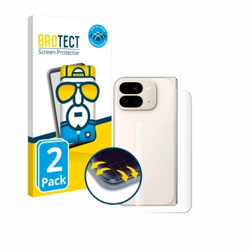 Vorderseite einer Produktverpackung mit dem Markenlogo BROTECT. Daneben ist das Gerät Google Pixel 9 Pro Fold (Rückseite) mit 