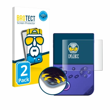 Vorderseite einer Produktverpackung mit dem Markenlogo BROTECT. Daneben ist das Gerät Anbernic RG40XXV mit dem zugehörigen Dis