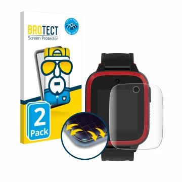 Vorderseite einer Produktverpackung mit dem Markenlogo BROTECT. Daneben ist das Gerät Xplora Let's Go mit dem zugehörigen Disp