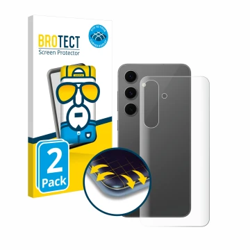 Vorderseite einer Produktverpackung mit dem Markenlogo BROTECT. Daneben ist das Gerät Samsung Galaxy S24 FE (Rückseite) mit de