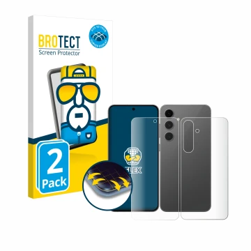 Vorderseite einer Produktverpackung mit dem Markenlogo BROTECT. Daneben ist das Gerät Samsung Galaxy S24 FE (Display+Rückseite