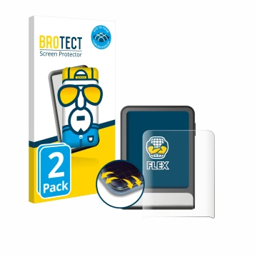 Vorderseite einer Produktverpackung mit dem Markenlogo BROTECT. Daneben ist das Gerät Ledger Flex mit dem zugehörigen Displays