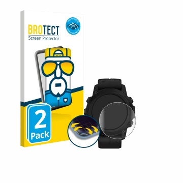 Vorderseite einer Produktverpackung mit dem Markenlogo BROTECT. Daneben ist das Gerät Garmin Descent G1 Solar mit dem zugehöri