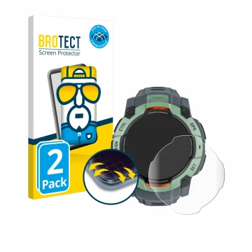 Vorderseite einer Produktverpackung mit dem Markenlogo BROTECT. Daneben ist das Gerät Garmin Instinct 3 AMOLED (45 mm) mit dem