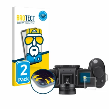 Vorderseite einer Produktverpackung mit dem Markenlogo BROTECT. Daneben ist das Gerät Leica SL3-S (Schulterdisplay) mit dem zu