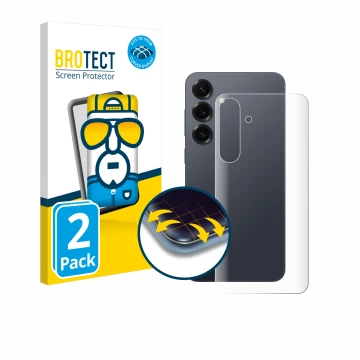 Vorderseite einer Produktverpackung mit dem Markenlogo BROTECT. Daneben ist das Gerät Samsung Galaxy S25 Plus (Rückseite) mit 