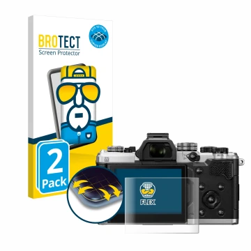 Vorderseite einer Produktverpackung mit dem Markenlogo BROTECT. Daneben ist das Gerät OM System OM-3 mit dem zugehörigen Displ