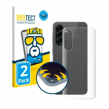 Vorderseite einer Produktverpackung mit dem Markenlogo BROTECT. Daneben ist das Gerät Samsung Galaxy A56 5G (Rückseite) mit de