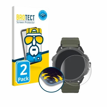 Vorderseite einer Produktverpackung mit dem Markenlogo BROTECT. Daneben ist das Gerät Hammer Watch 2 Military Edition mit dem 