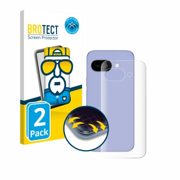 Vorderseite einer Produktverpackung mit dem Markenlogo BROTECT. Daneben ist das Gerät Google Pixel 9a (Rückseite) mit dem zuge