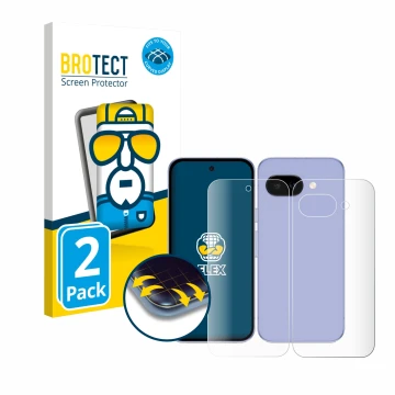 Vorderseite einer Produktverpackung mit dem Markenlogo BROTECT. Daneben ist das Gerät Google Pixel 9a (Display+Rückseite) mit 