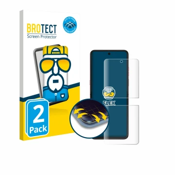 Vorderseite einer Produktverpackung mit dem Markenlogo BROTECT. Daneben ist das Gerät Motorola Razr 60 Ultra mit dem zugehörig