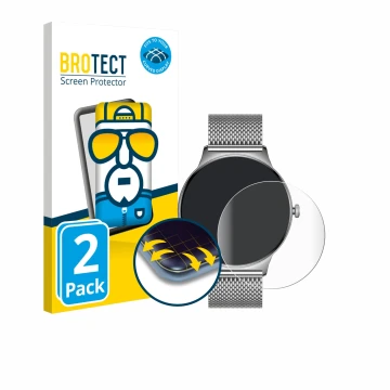 Vorderseite einer Produktverpackung mit dem Markenlogo BROTECT. Daneben ist das Gerät Pireware Slim Smartwatch mit dem zugehör