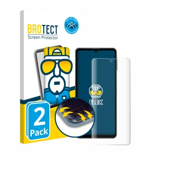 Vorderseite einer Produktverpackung mit dem Markenlogo BROTECT. Daneben ist das Gerät Sharp Aquos Sense 8 mit dem zugehörigen 