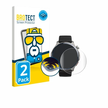 Vorderseite einer Produktverpackung mit dem Markenlogo BROTECT. Daneben ist das Gerät Huami Amazfit Balance 2 mit dem zugehöri