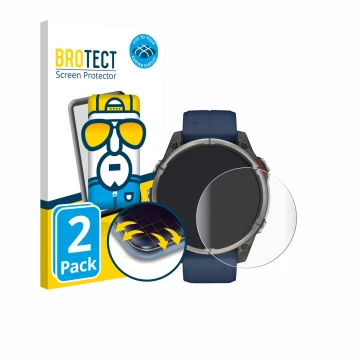 Vorderseite einer Produktverpackung mit dem Markenlogo BROTECT. Daneben ist das Gerät Garmin quatix 8 (47 mm) mit dem zugehöri
