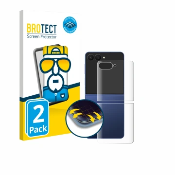 Vorderseite einer Produktverpackung mit dem Markenlogo BROTECT. Daneben ist das Gerät Samsung Galaxy Z Flip 7 (Rückseite) mit 