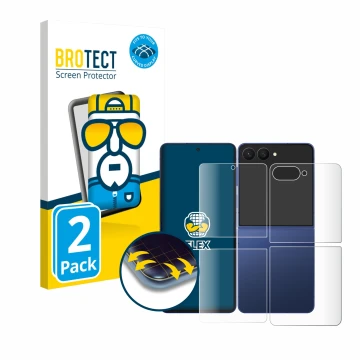 Vorderseite einer Produktverpackung mit dem Markenlogo BROTECT. Daneben ist das Gerät Samsung Galaxy Z Flip 7 (Display+Rücksei