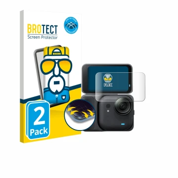 Vorderseite einer Produktverpackung mit dem Markenlogo BROTECT. Daneben ist das Gerät Insta360 Go Ultra mit dem zugehörigen Di