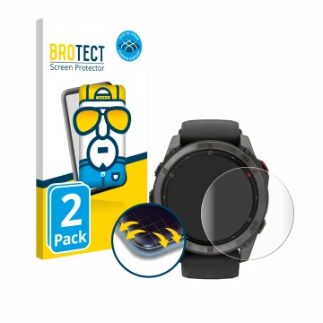 Vorderseite einer Produktverpackung mit dem Markenlogo BROTECT. Daneben ist das Gerät Garmin Fenix 8 Pro AMOLED (51 mm) mit de