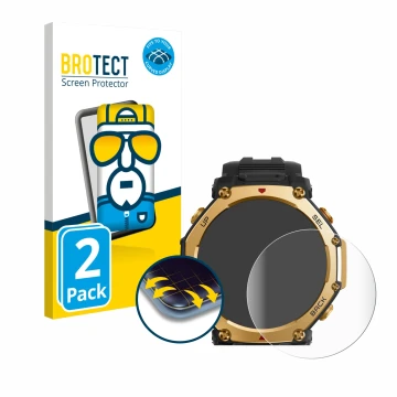 Vorderseite einer Produktverpackung mit dem Markenlogo BROTECT. Daneben ist das Gerät Huami Amazfit T-Rex 3 Pro (48 mm) mit de