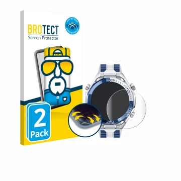 Vorderseite einer Produktverpackung mit dem Markenlogo BROTECT. Daneben ist das Gerät Huawei Watch Ultimate 2 Blue mit dem zug