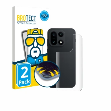 Vorderseite einer Produktverpackung mit dem Markenlogo BROTECT. Daneben ist das Gerät OnePlus 15 (Rückseite) mit dem zugehörig