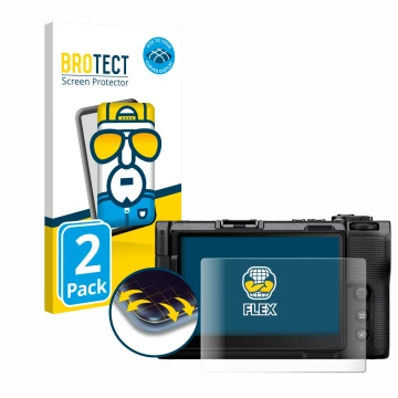 Vorderseite einer Produktverpackung mit dem Markenlogo BROTECT. Daneben ist das Gerät Nikon ZR 2025 mit dem zugehörigen Displa