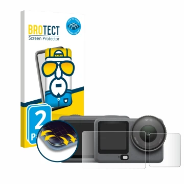 Vorderseite einer Produktverpackung mit dem Markenlogo BROTECT. Daneben ist das Gerät DJI Osmo Action 6 mit dem zugehörigen Di