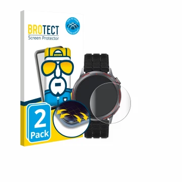 Vorderseite einer Produktverpackung mit dem Markenlogo BROTECT. Daneben ist das Gerät Huawei Watch GT Runner 2 mit dem zugehör
